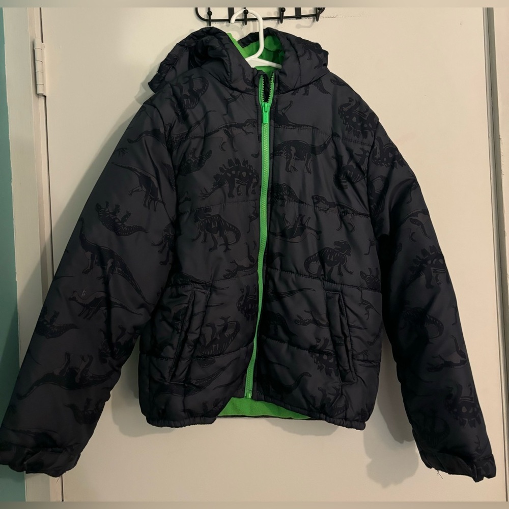 Carter's Classic & Unique Boys Gray Green Dinosaur Winter Coat Size 10 Hooded